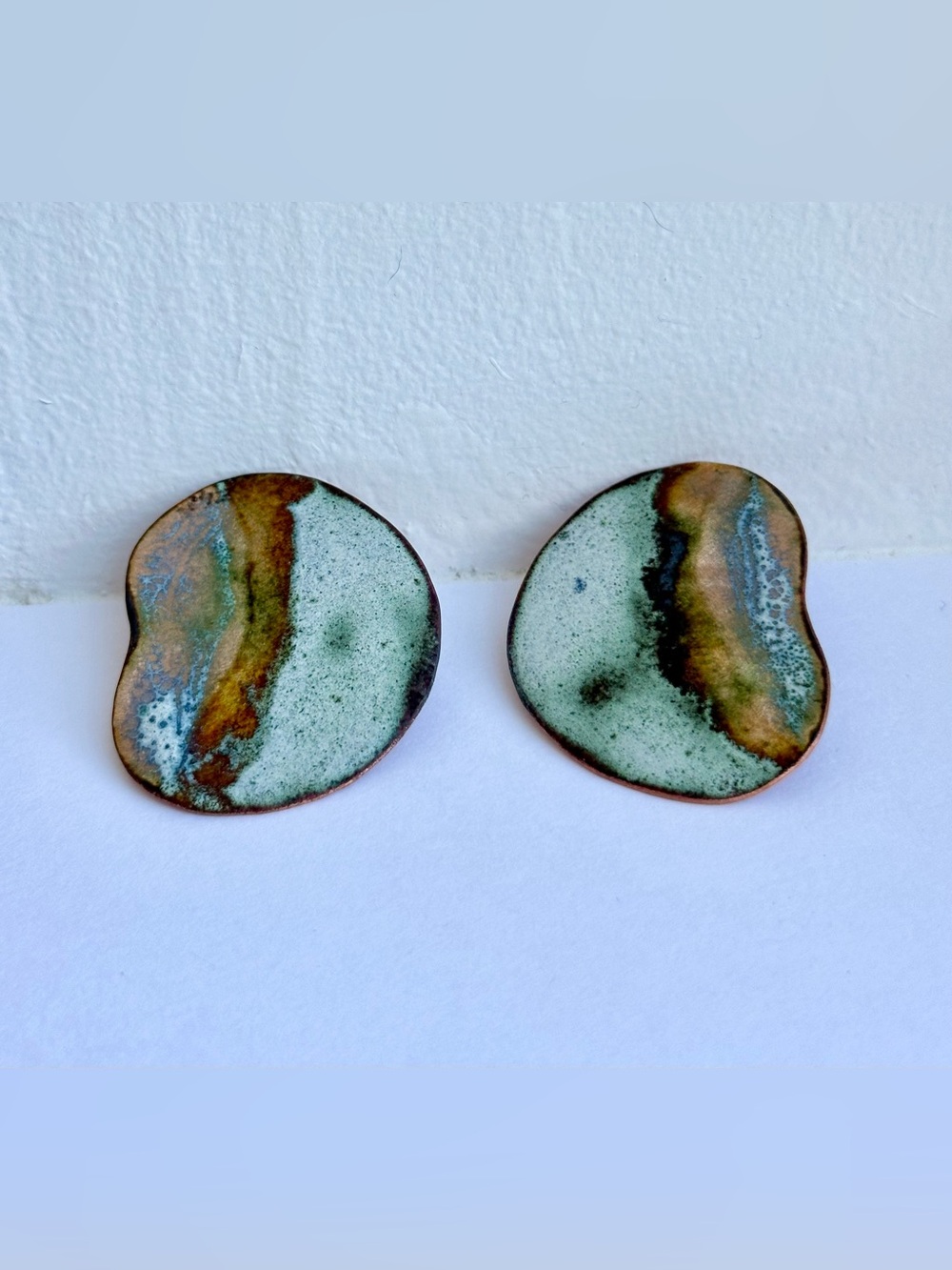 Green and Copper Enamel Disc Stud Earrings